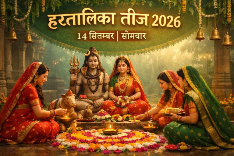 हरतालिका तीज 2026 में शिव पार्वती पूजा करती महिलाएं