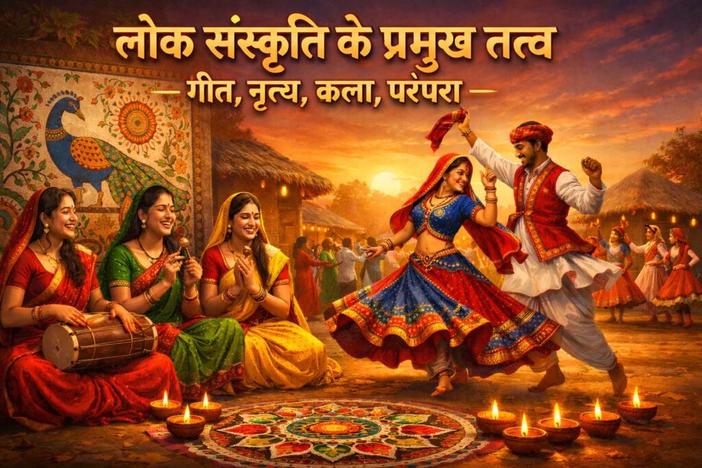 लोक संस्कृति के प्रमुख तत्व – गीत, नृत्य, कला और परंपरा दर्शाता भारतीय ग्रामीण दृश्य