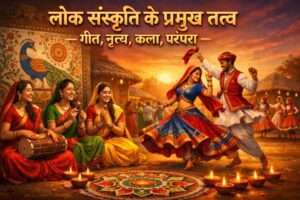 लोक संस्कृति के प्रमुख तत्व – गीत, नृत्य, कला और परंपरा दर्शाता भारतीय ग्रामीण दृश्य