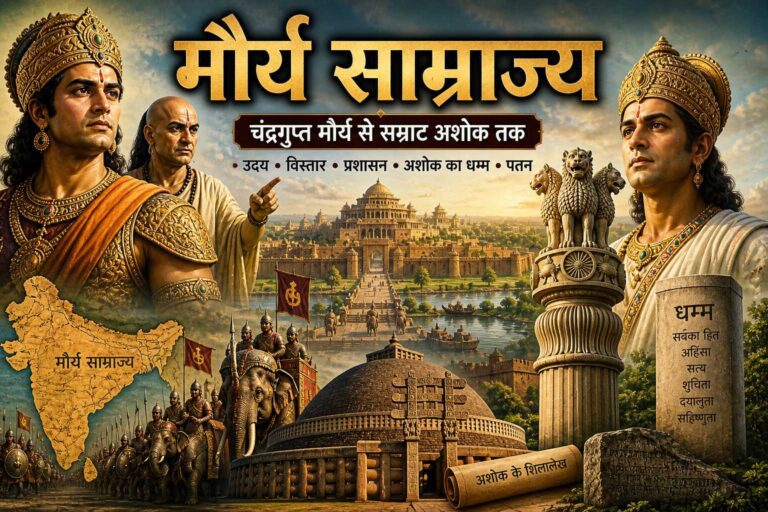 मौर्य साम्राज्य का इतिहास दृश्य जिसमें चंद्रगुप्त मौर्य, चाणक्य और सम्राट अशोक के साथ पाटलिपुत्र और अशोक स्तंभ दिखाए गए हैं