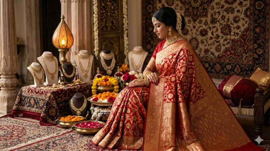 वाराणसी में बनारसी साड़ी की ज़री कढ़ाई और रेशमी बुनाई का क्लोज़अप