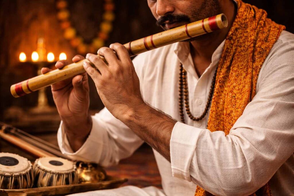 भारतीय लोक वाद्य बांसुरी बजाते हुए कलाकार