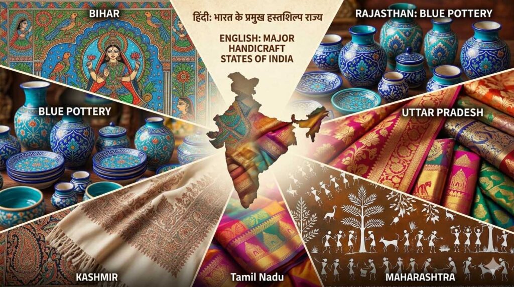 हाथ से बने और मशीन से बने हस्तशिल्प उत्पादों की तुलना दिखाता हुआ चित्र