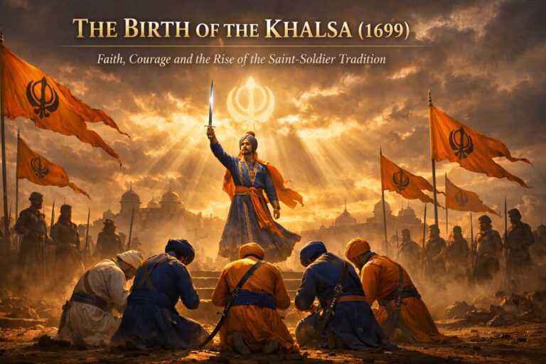 1699 में आनंदपुर साहिब में खालसा पंथ की स्थापना का दृश्य, गुरु गोबिंद सिंह और पंच प्यारे