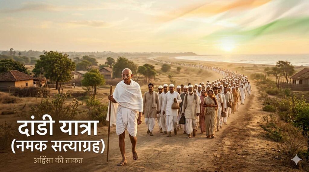 महात्मा गांधी दांडी यात्रा के दौरान नमक सत्याग्रह करते हुए