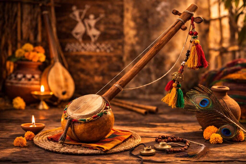 भारतीय पारंपरिक एकतारा लोक वाद्य यंत्र का दृश्य