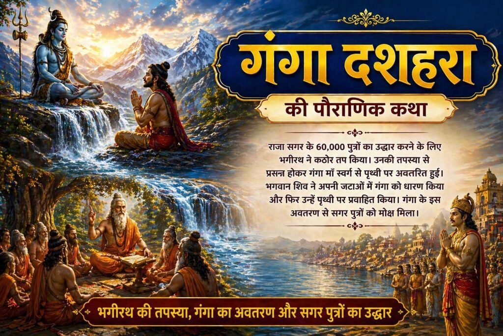गंगा दशहरा कथा में भगीरथ की तपस्या और गंगा अवतरण का दृश्य