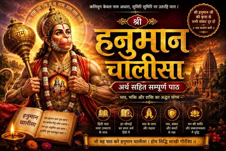 हनुमान चालीसा का पूरा अर्थ और महत्व दर्शाती भगवान हनुमान की दिव्य छवि