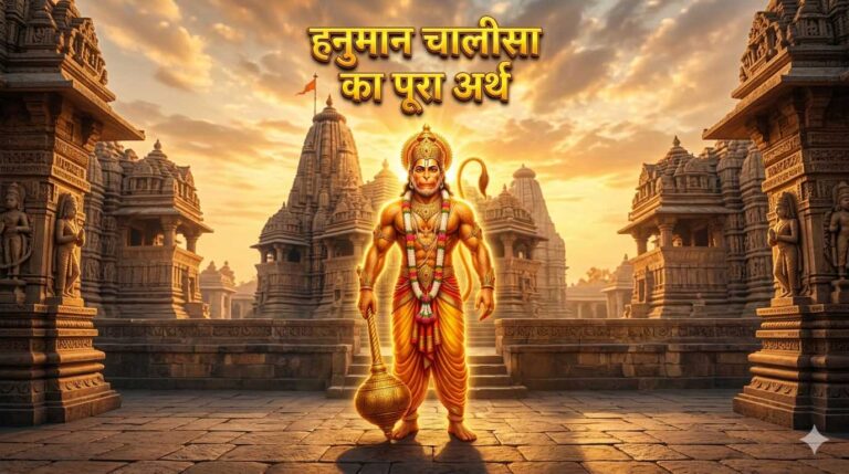 हनुमान चालीसा का पूरा अर्थ और महत्व दर्शाती भगवान हनुमान की दिव्य छवि