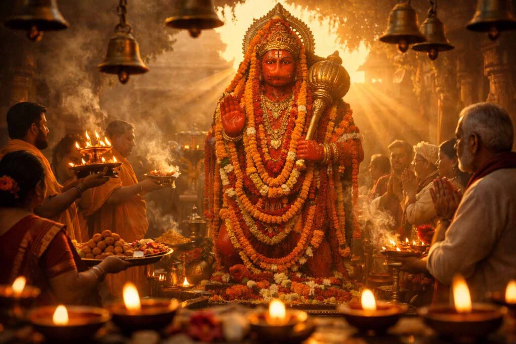 हनुमान जयंती पूजा और हनुमान मंदिर में आरती का दृश्य