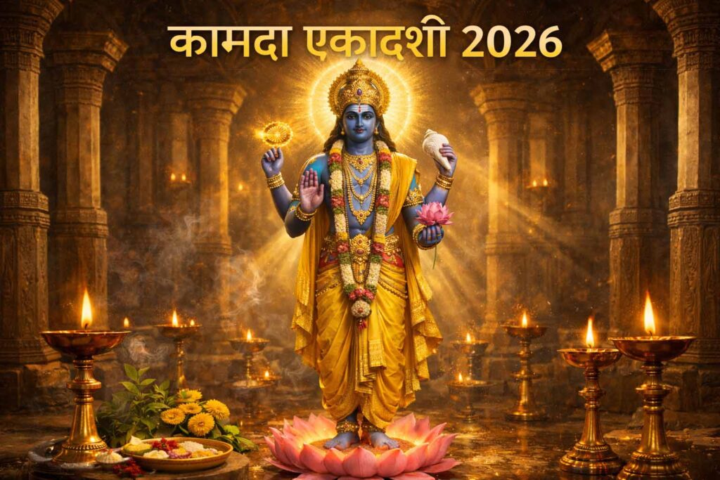 कामदा एकादशी 2026 पर भगवान विष्णु का दिव्य स्वरूप, मंदिर में कमल पर खड़े विष्णु जी