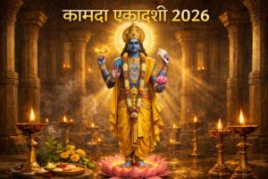 कामदा एकादशी 2026 पर भगवान विष्णु का दिव्य स्वरूप, मंदिर में कमल पर खड़े विष्णु जी