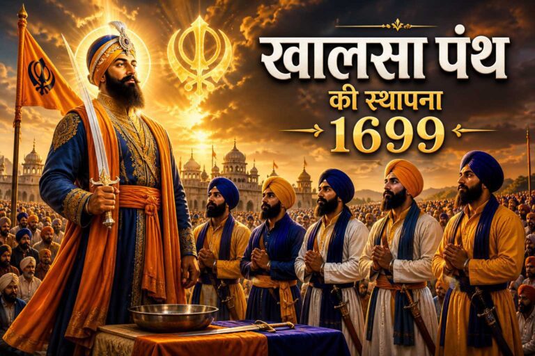 खालसा पंथ की स्थापना 1699 का दृश्य जिसमें गुरु गोबिंद सिंह और पंच प्यारे अमृत संचार करते हुए दिखाए गए हैं