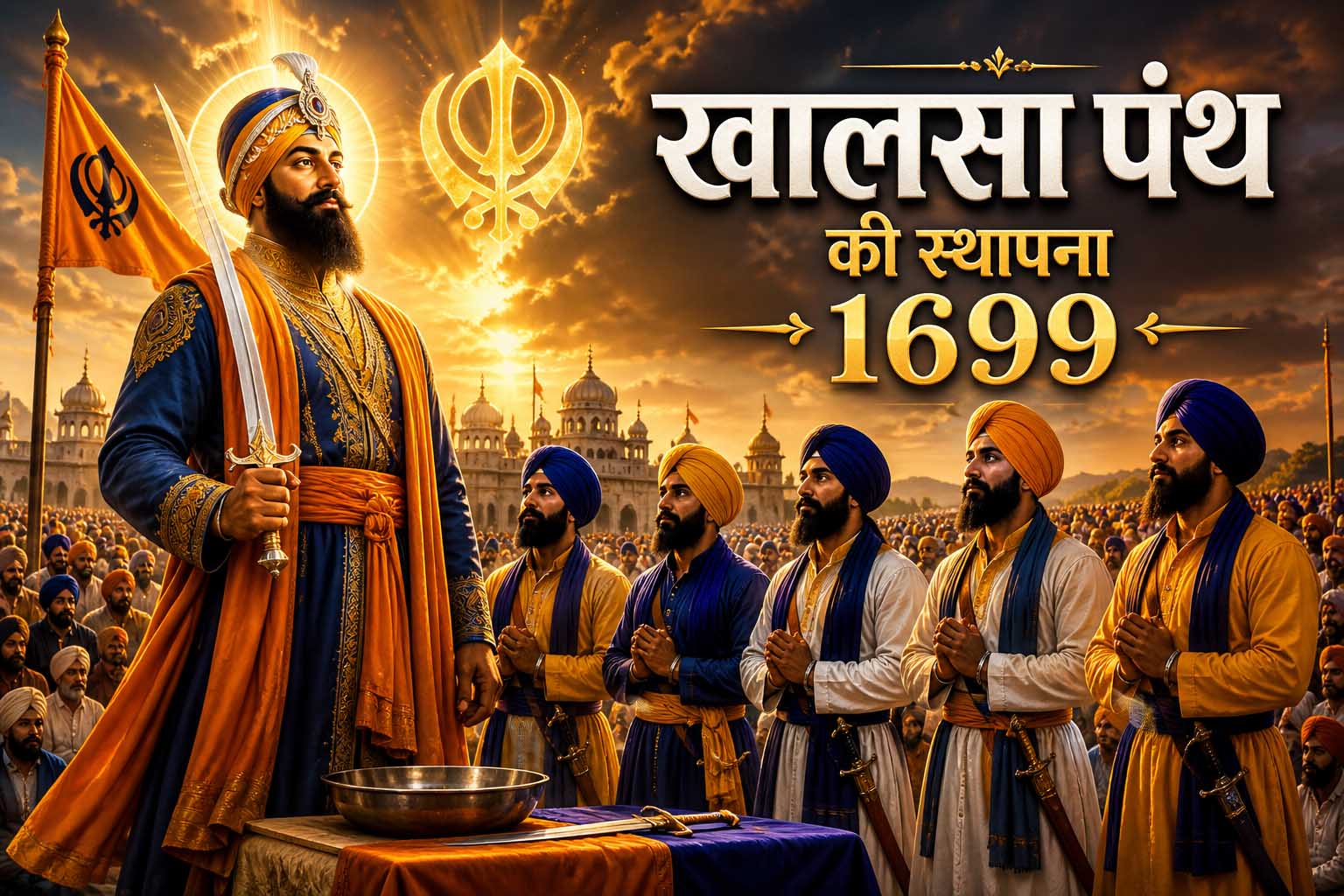 खालसा पंथ की स्थापना 1699 का दृश्य जिसमें गुरु गोबिंद सिंह और पंच प्यारे अमृत संचार करते हुए दिखाए गए हैं
