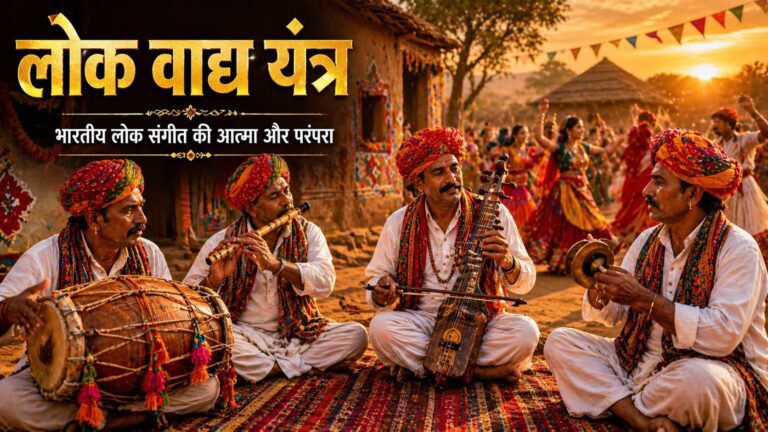 भारत के पारंपरिक लोक वाद्य यंत्र बजाते हुए कलाकारों का दृश्य, भारतीय सांस्कृतिक संगीत को दर्शाता हुआ