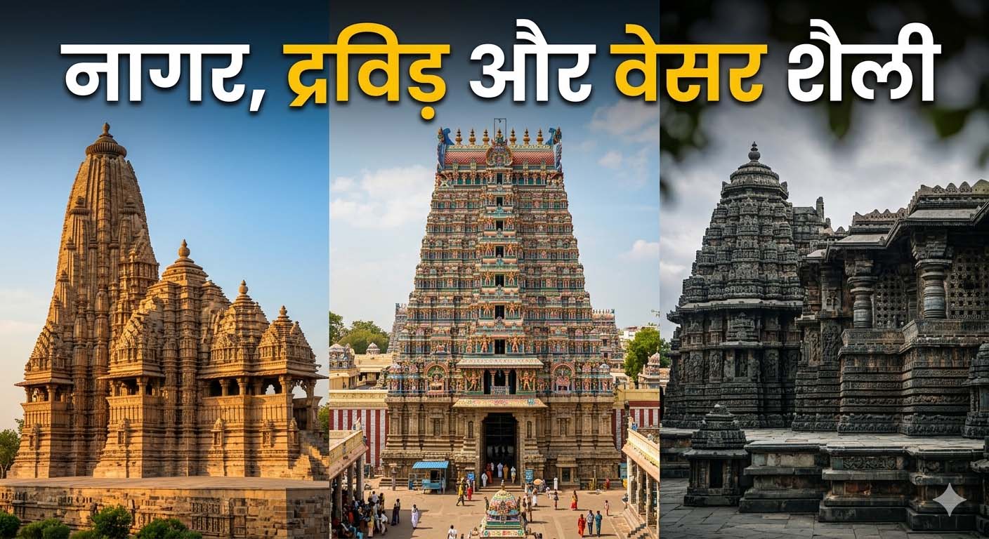 नागर द्रविड़ और वेसर शैली के मंदिरों की वास्तुकला का दृश्य तुलना