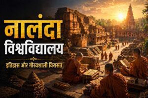 नालंदा विश्वविद्यालय के प्राचीन अवशेष, बौद्ध भिक्षु अध्ययन करते हुए, भारत की प्राचीन शिक्षा प्रणाली का दृश्य