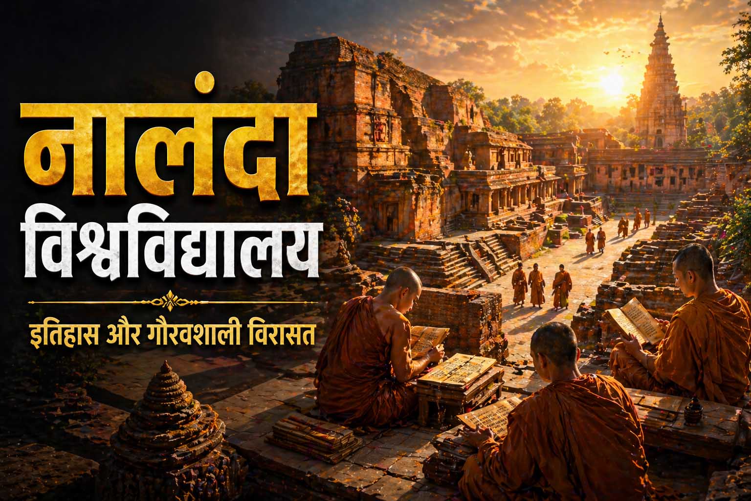 नालंदा विश्वविद्यालय के प्राचीन अवशेष, बौद्ध भिक्षु अध्ययन करते हुए, भारत की प्राचीन शिक्षा प्रणाली का दृश्य