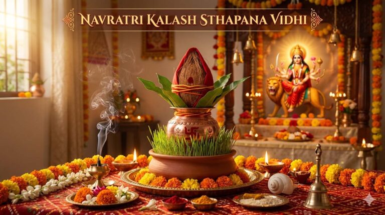 नवरात्रि में कलश स्थापना कैसे करें? नवरात्रि में कलश स्थापना की विधि – जौ, नारियल और आम के पत्तों के साथ स्थापित पवित्र कलश