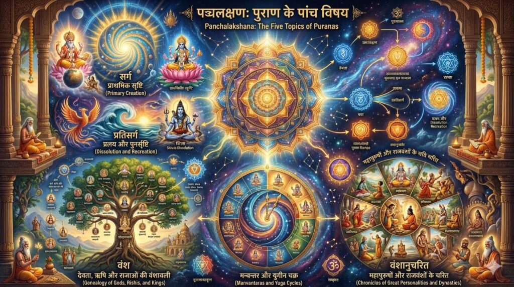 पुराण के पांच लक्षण सर्ग प्रतिसर्ग वंश मन्वंतर वंशानुचरित