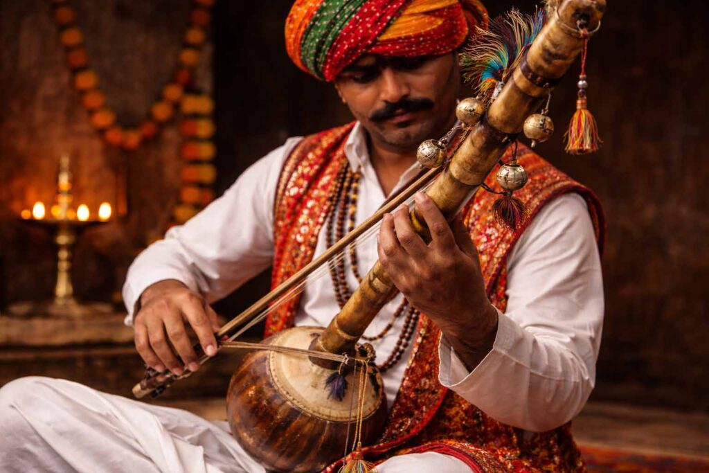 भारतीय तंत्री लोक वाद्य रावणहट्टा का क्लोज़अप दृश्य