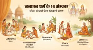 सनातन धर्म के 16 संस्कारों का चित्र जो जन्म से मृत्यु तक जीवन के चरणों को दर्शाता है