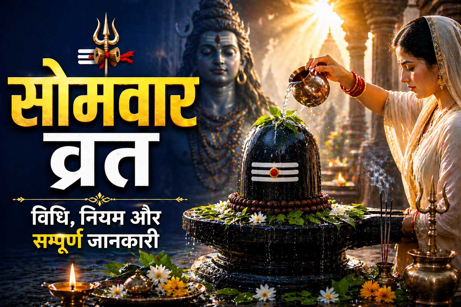 सोमवार व्रत में शिवलिंग पर जलाभिषेक करते हुए भक्त, व्रत विधि और शिव पूजा दर्शाता चित्र