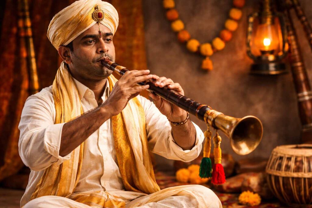 दक्षिण भारत का पारंपरिक नादस्वरम लोक वाद्य बजाते कलाकार