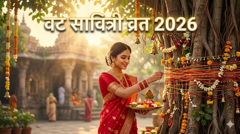वट सावित्री व्रत 2026 पूजा करते हुए बरगद वृक्ष के पास सुहागन महिला