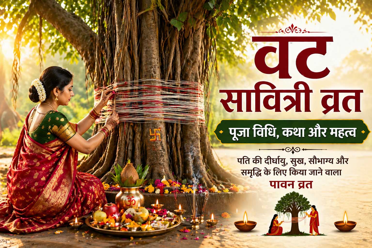 वट सावित्री व्रत में बरगद के पेड़ की पूजा करती हुई महिला