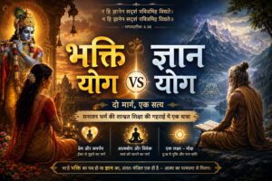 भक्ति योग और ज्ञान योग का अंतर दर्शाने वाला आध्यात्मिक चित्र