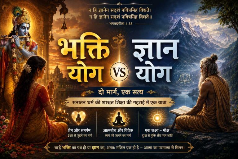 भक्ति योग और ज्ञान योग का अंतर दर्शाने वाला आध्यात्मिक चित्र