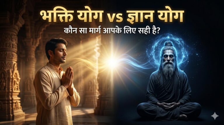भक्ति योग और ज्ञान योग का अंतर दर्शाने वाला आध्यात्मिक चित्र