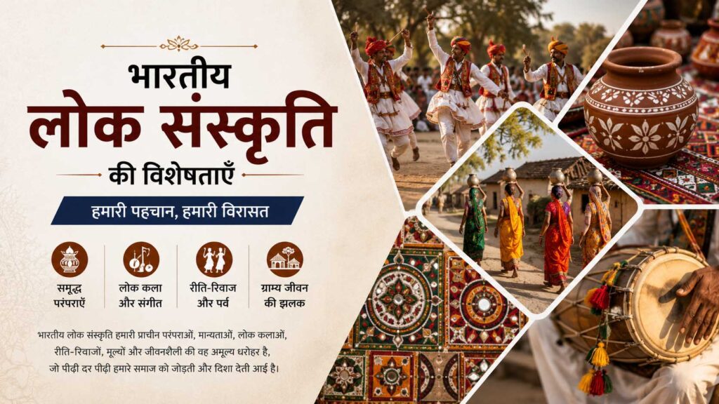 भारतीय लोक संस्कृति की विशेषताएं दर्शाता चित्र जिसमें पारंपरिक नृत्य और सांस्कृतिक विविधता दिखाई गई है