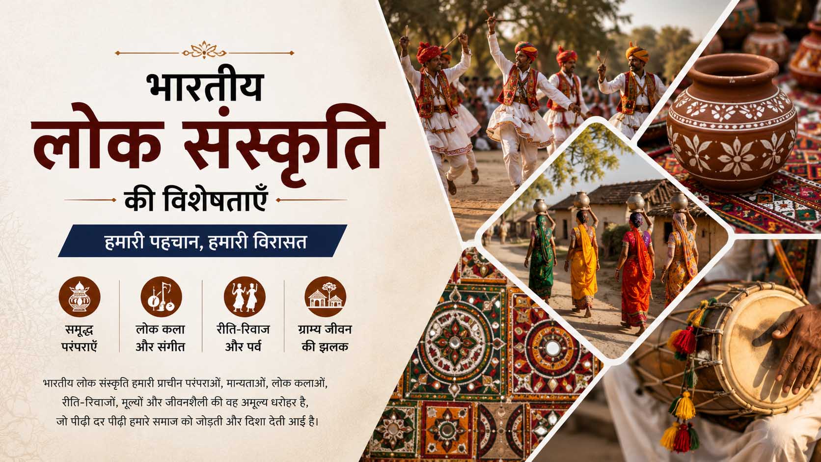 भारतीय लोक संस्कृति की विशेषताएं दर्शाता चित्र जिसमें पारंपरिक नृत्य और सांस्कृतिक विविधता दिखाई गई है
