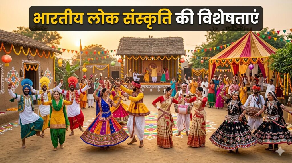 भारतीय लोक संस्कृति की विशेषताएं दर्शाता चित्र जिसमें पारंपरिक नृत्य और सांस्कृतिक विविधता दिखाई गई है