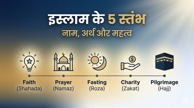 इस्लाम के 5 स्तंभ शहादा नमाज़ रोज़ा ज़कात हज को दर्शाता प्रतीकात्मक चित्र