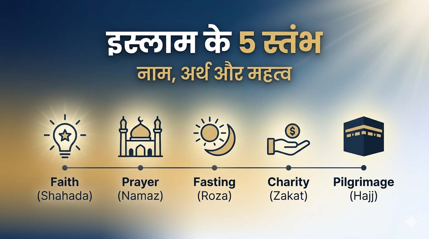 इस्लाम के 5 स्तंभ शहादा नमाज़ रोज़ा ज़कात हज को दर्शाता प्रतीकात्मक चित्र