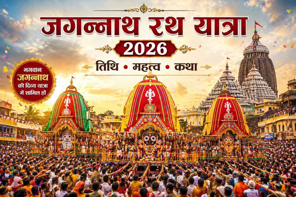 जगन्नाथ रथ यात्रा 2026 पुरी में भगवान जगन्नाथ, बलभद्र और सुभद्रा के भव्य रथ यात्रा का दृश्य