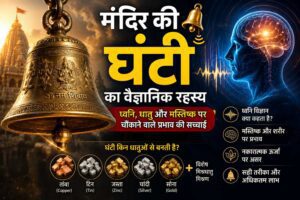 मंदिर की घंटी का विज्ञान: मंदिर की घंटी की ध्वनि का वैज्ञानिक चित्र जिसमें कंपन और ध्वनि तरंगें दिखाई गई हैं