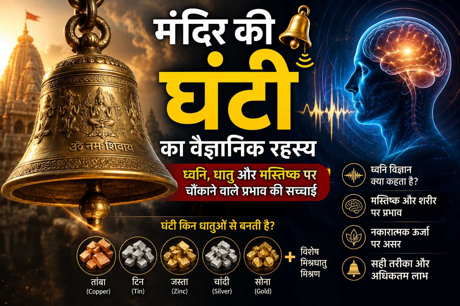 मंदिर की घंटी का विज्ञान: मंदिर की घंटी की ध्वनि का वैज्ञानिक चित्र जिसमें कंपन और ध्वनि तरंगें दिखाई गई हैं