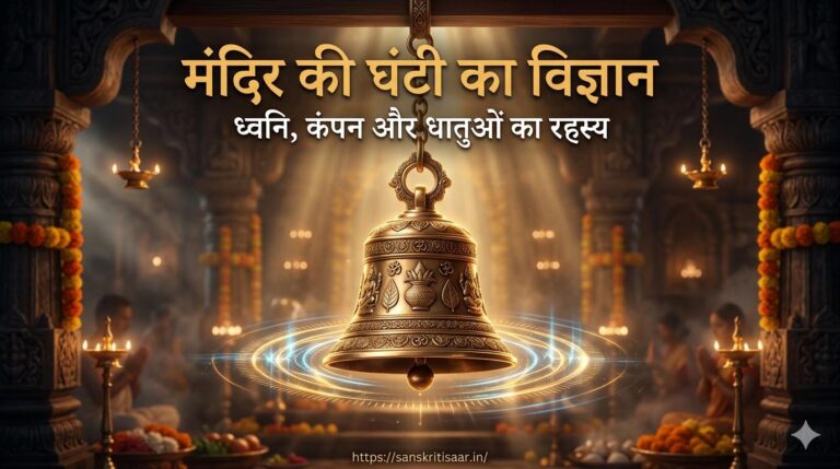 मंदिर की घंटी का विज्ञान: मंदिर की घंटी की ध्वनि का वैज्ञानिक चित्र जिसमें कंपन और ध्वनि तरंगें दिखाई गई हैं