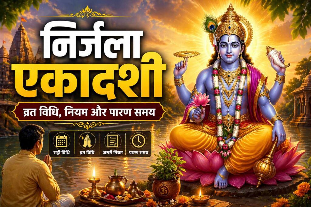 निर्जला एकादशी व्रत विधि, नियम और पारण समय दर्शाता भगवान विष्णु का चित्र