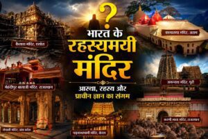 भारत के सबसे रहस्यमयी मंदिरों का कोलाज जिसमें पद्मनाभस्वामी मंदिर, जगन्नाथ मंदिर, कामाख्या मंदिर और कैलाश मंदिर दिखाई दे रहे हैं