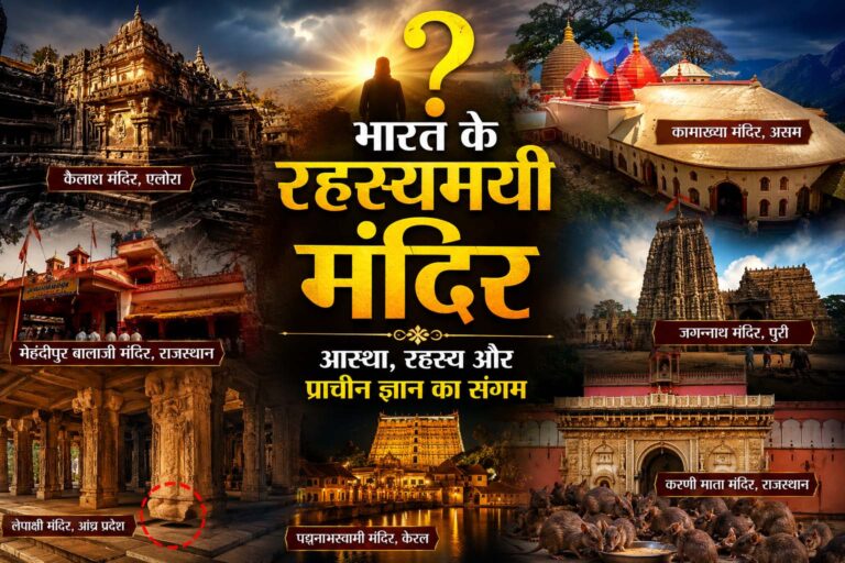 भारत के सबसे रहस्यमयी मंदिरों का कोलाज जिसमें पद्मनाभस्वामी मंदिर, जगन्नाथ मंदिर, कामाख्या मंदिर और कैलाश मंदिर दिखाई दे रहे हैं