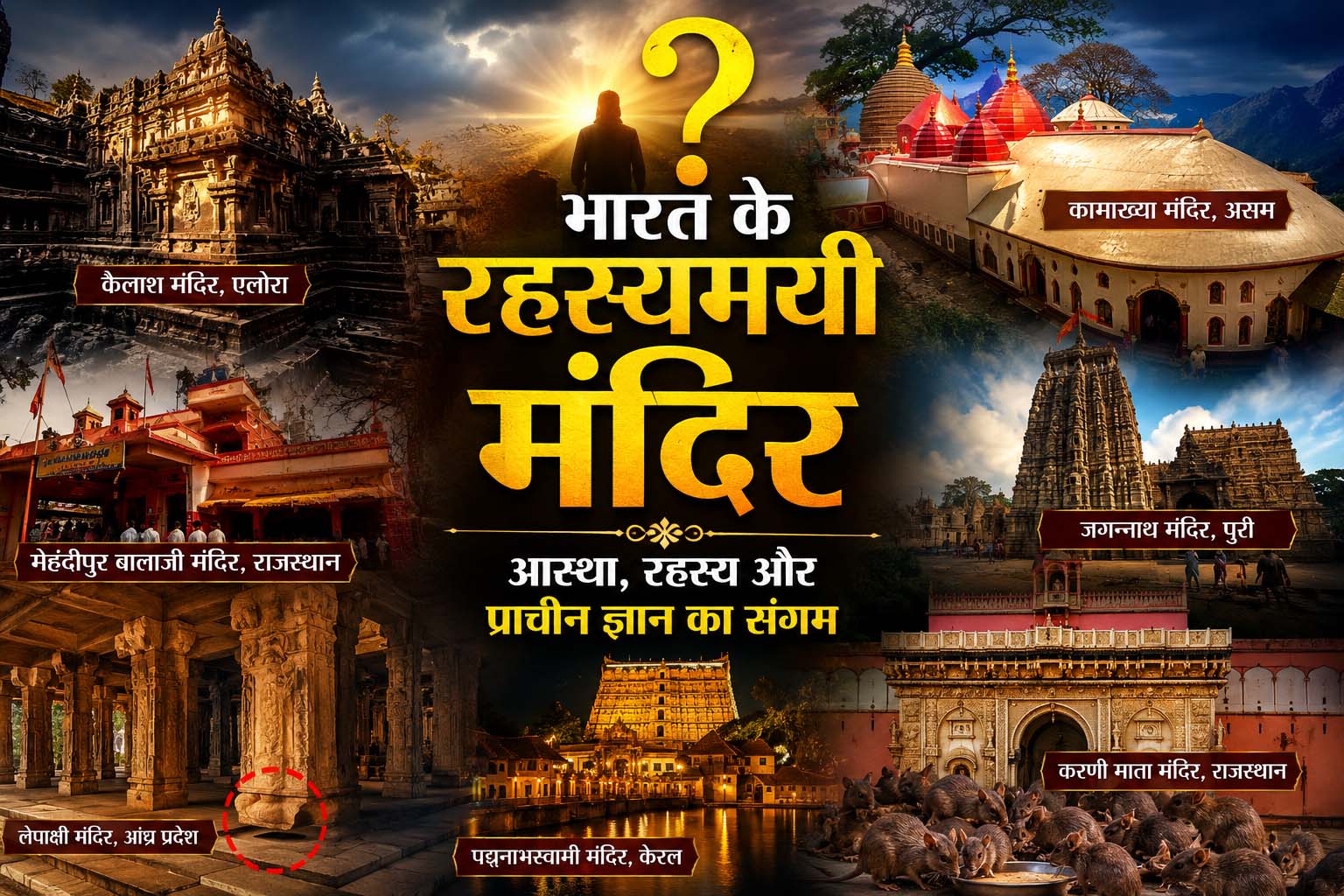 भारत के सबसे रहस्यमयी मंदिरों का कोलाज जिसमें पद्मनाभस्वामी मंदिर, जगन्नाथ मंदिर, कामाख्या मंदिर और कैलाश मंदिर दिखाई दे रहे हैं