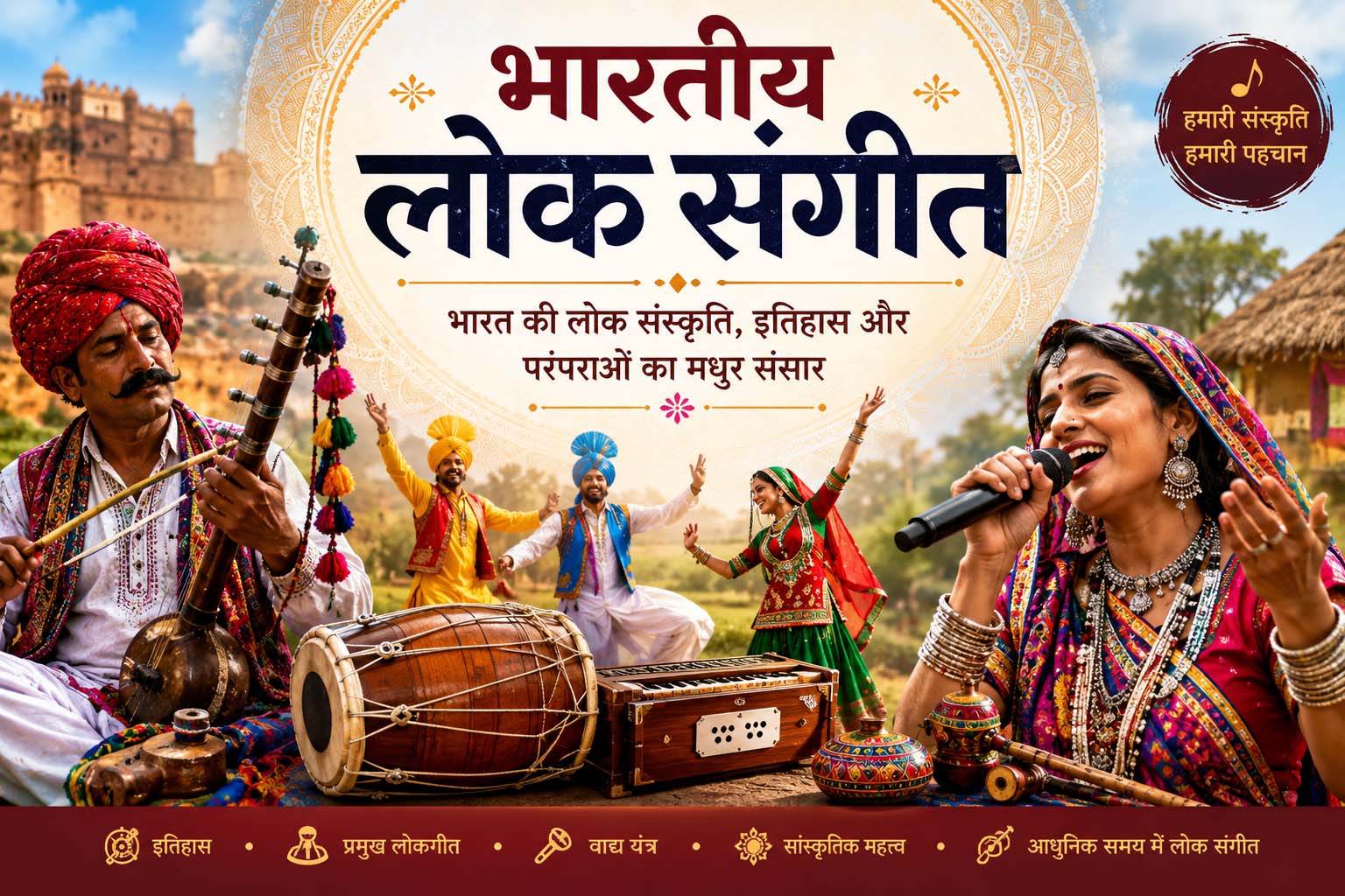 भारतीय लोक संगीत गाते और पारंपरिक वाद्य यंत्र बजाते भारतीय लोक कलाकार