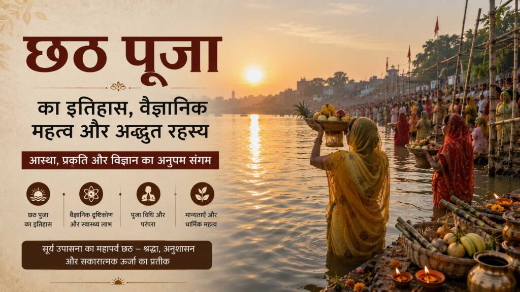 छठ पूजा का पावन इतिहास: छठ पूजा के दौरान उगते सूर्य को अर्घ्य देती महिला और घाट पर श्रद्धालुओं का दृश्य