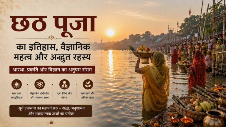 छठ पूजा का पावन इतिहास: छठ पूजा के दौरान उगते सूर्य को अर्घ्य देती महिला और घाट पर श्रद्धालुओं का दृश्य