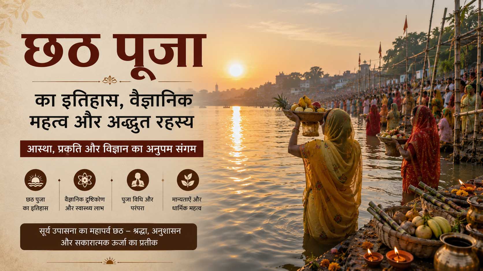 छठ पूजा का पावन इतिहास: छठ पूजा के दौरान उगते सूर्य को अर्घ्य देती महिला और घाट पर श्रद्धालुओं का दृश्य